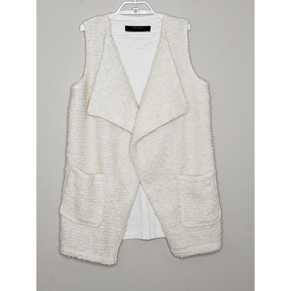 Zara Basic Womens Long Sweater Cardigan Vest Small Ivory Sleeveless Linen Blend